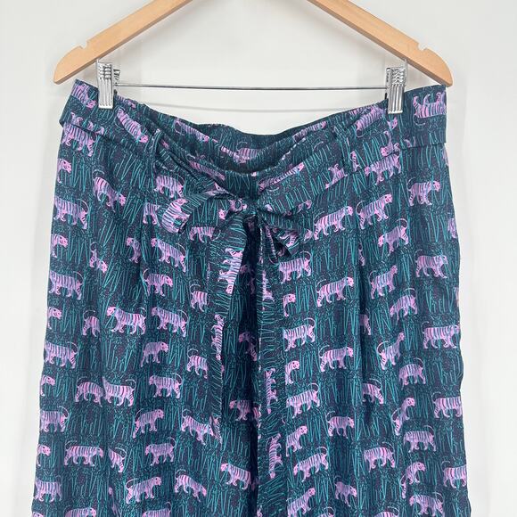 J. Crew 100% Silk Wide Leg Pant Jungle Tiger Print Belted Satin Ankle Trousers - Picture 5 of 12
